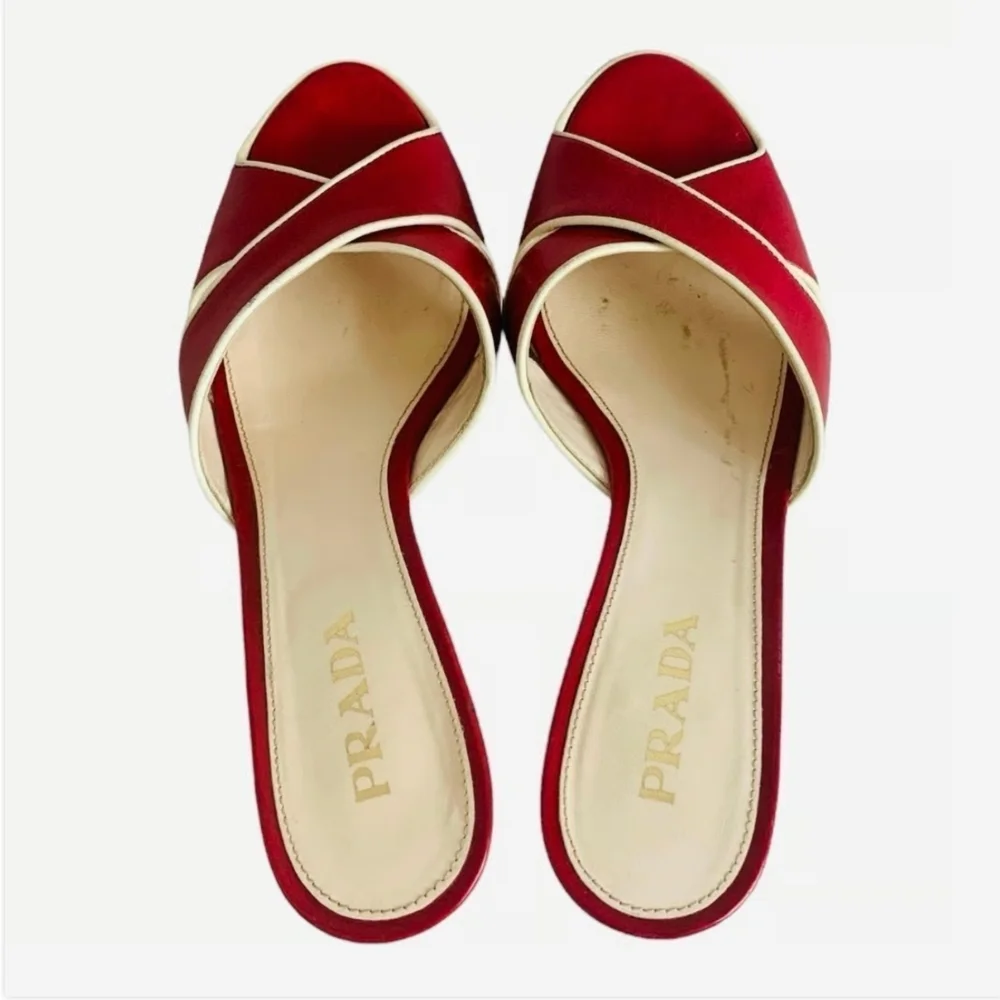 Prada Vitello Raspberry Beige Leather Platform Peep Toe High Heel Sandals Sz 36